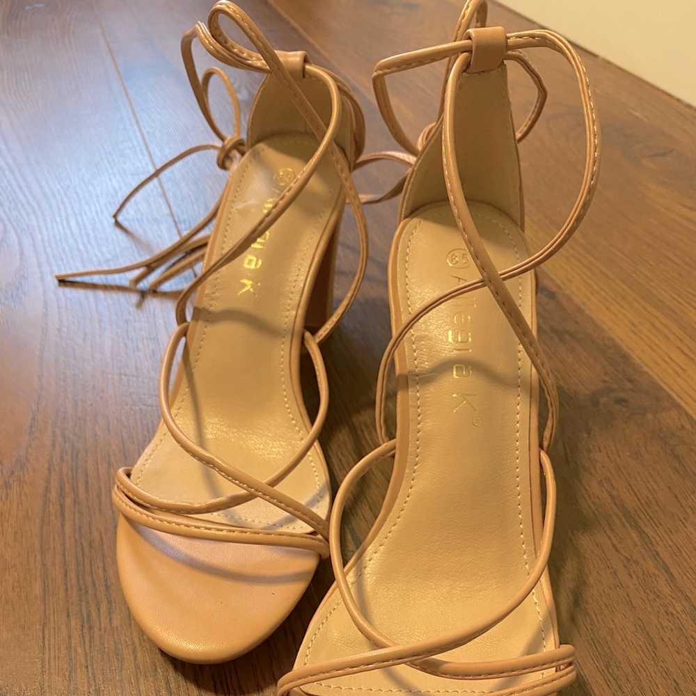 Nude Lace Up High Chunky Heels - Size 8.5